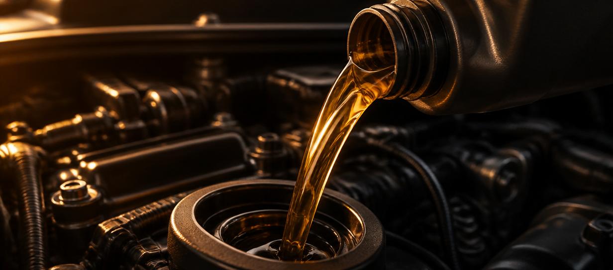 Golden motor oil poured into an engine