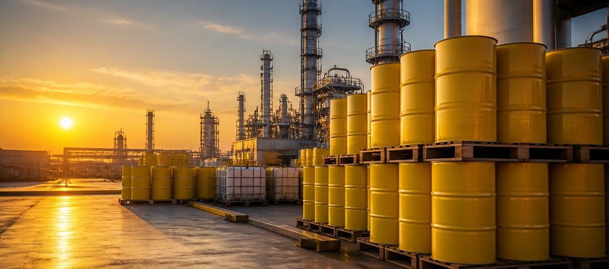 Yellow oil barrels at a refinery